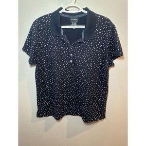 LL Bean Misses Slightly Fitted Polo Shirt Navy Blue White Polka Dots XL Regular